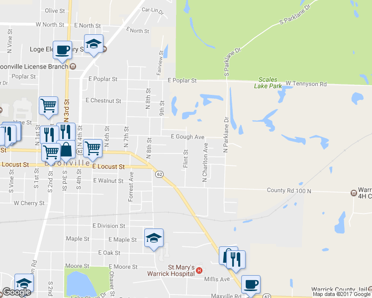 map of restaurants, bars, coffee shops, grocery stores, and more near 214 Flint Street in Boonville