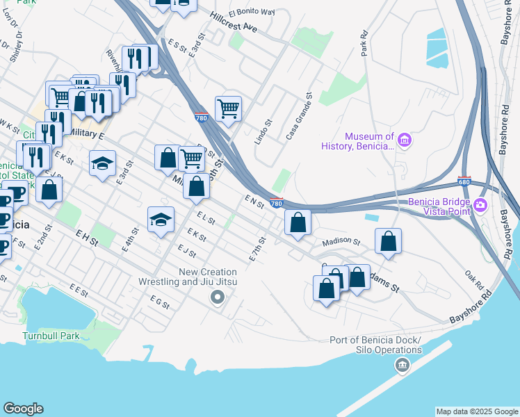 map of restaurants, bars, coffee shops, grocery stores, and more near 638 East N Street in Benicia