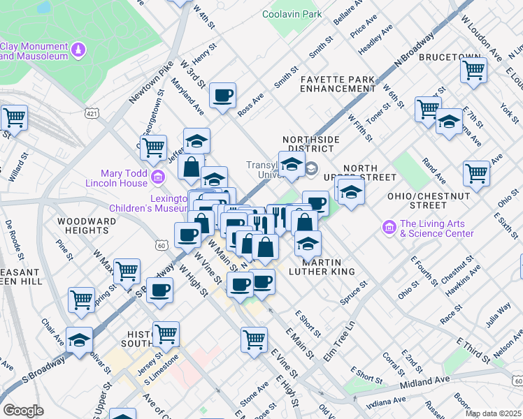 map of restaurants, bars, coffee shops, grocery stores, and more near 201 North Mill Street in Lexington
