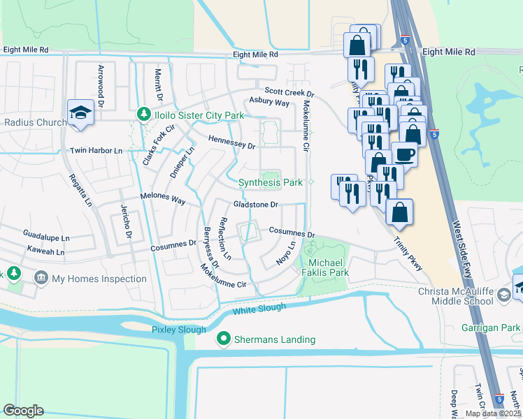 map of restaurants, bars, coffee shops, grocery stores, and more near 5405 Gladstone Drive in Stockton
