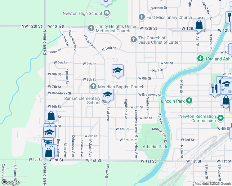 map of restaurants, bars, coffee shops, grocery stores, and more near 900 West Broadway Street in Newton