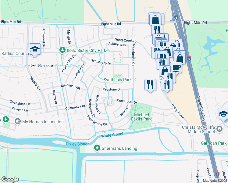 map of restaurants, bars, coffee shops, grocery stores, and more near 5405 Gladstone Drive in Stockton