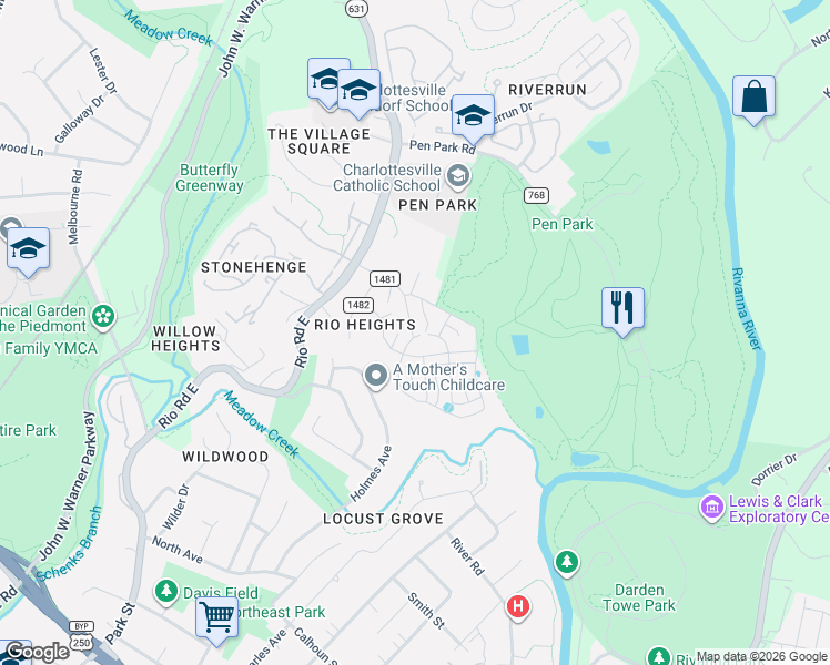 map of restaurants, bars, coffee shops, grocery stores, and more near 1197 County Road 1481 in Charlottesville