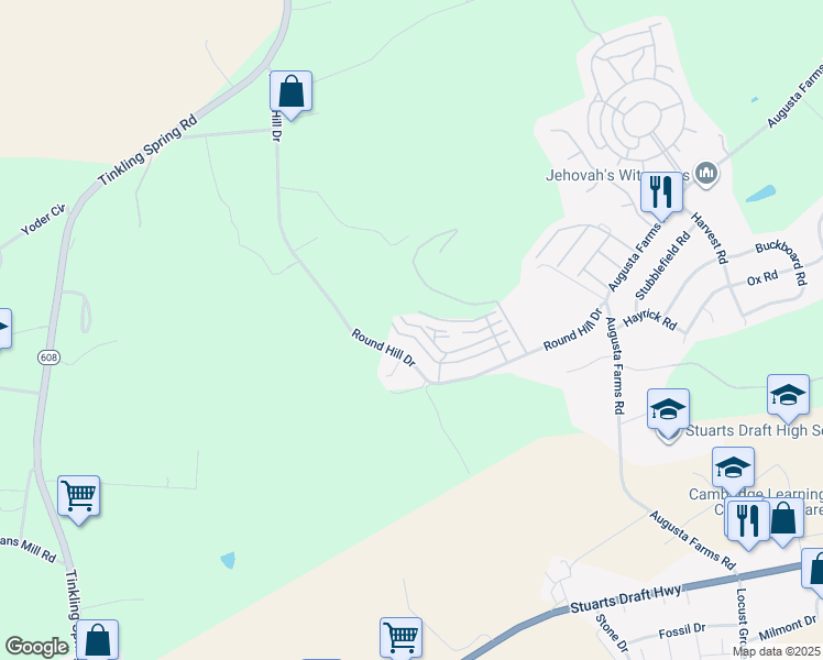 map of restaurants, bars, coffee shops, grocery stores, and more near 102 Provence Drive in Stuarts Draft