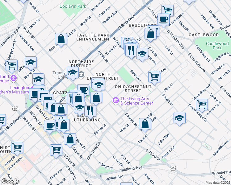 map of restaurants, bars, coffee shops, grocery stores, and more near 412 Johnson Avenue in Lexington