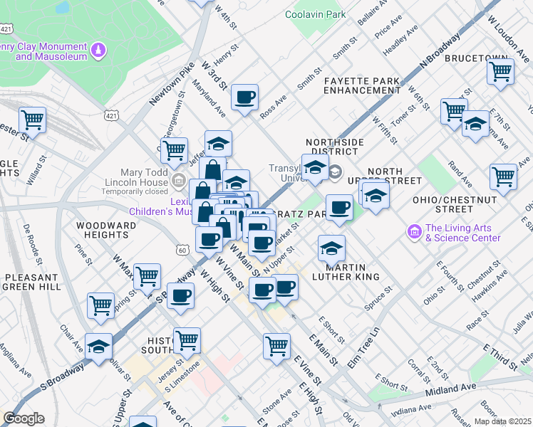 map of restaurants, bars, coffee shops, grocery stores, and more near 187 U.S. 27 in Lexington