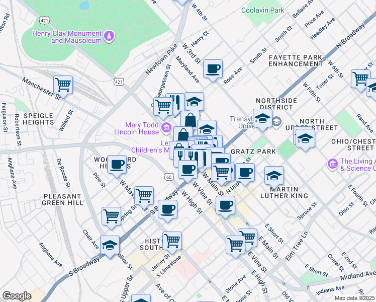 map of restaurants, bars, coffee shops, grocery stores, and more near 106 Felix Street in Lexington