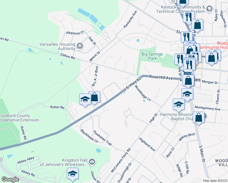 map of restaurants, bars, coffee shops, grocery stores, and more near 105 Elizabeth Street in Versailles