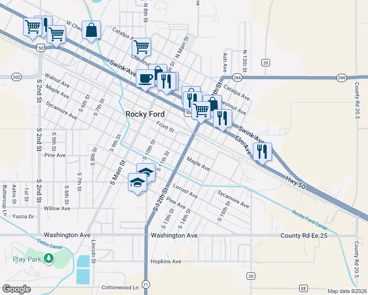 map of restaurants, bars, coffee shops, grocery stores, and more near 1100-1146 Walnut Ave in Rocky Ford