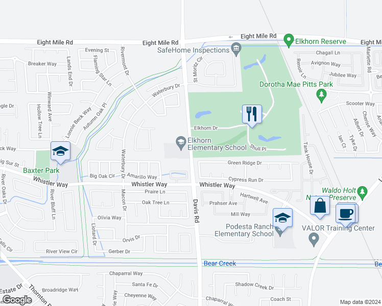 map of restaurants, bars, coffee shops, grocery stores, and more near 10420 Davis Road in Stockton