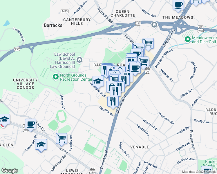 map of restaurants, bars, coffee shops, grocery stores, and more near 1023 Millmont St in Charlottesville