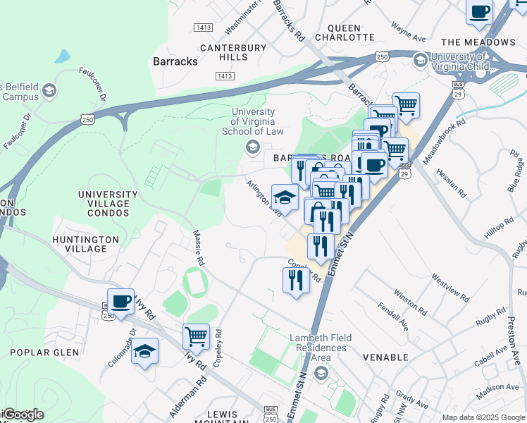 map of restaurants, bars, coffee shops, grocery stores, and more near 2434 Arlington Boulevard in Charlottesville
