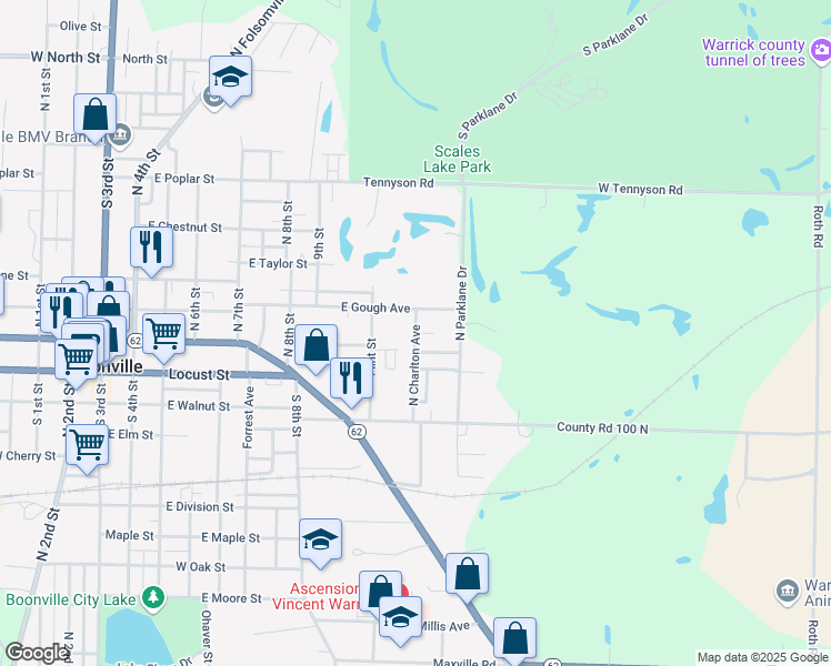 map of restaurants, bars, coffee shops, grocery stores, and more near 400 North Charlton Avenue in Boonville