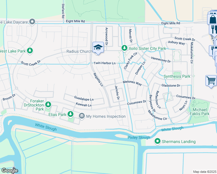 map of restaurants, bars, coffee shops, grocery stores, and more near 5973 Melones Way in Stockton
