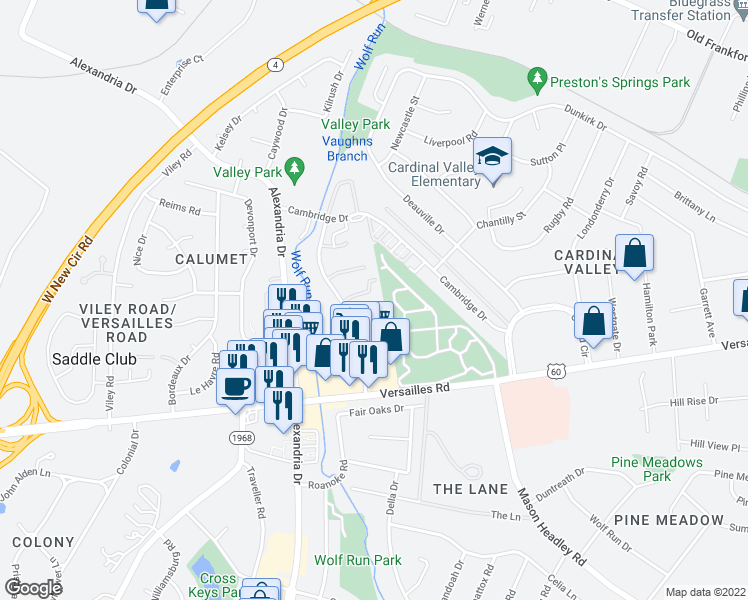 map of restaurants, bars, coffee shops, grocery stores, and more near 2034 Cummins Court in Lexington