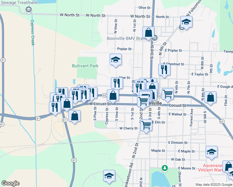 map of restaurants, bars, coffee shops, grocery stores, and more near 118 North Vine Street in Boonville