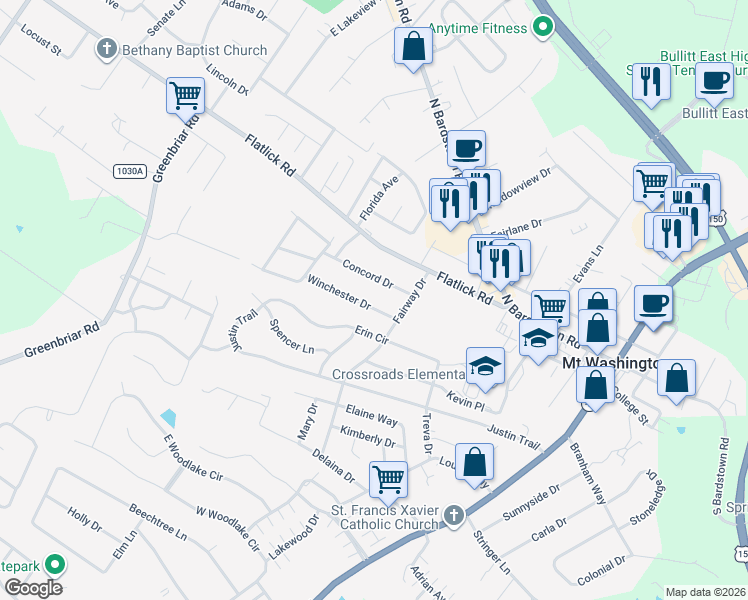 map of restaurants, bars, coffee shops, grocery stores, and more near 192 Winchester Drive in Mount Washington