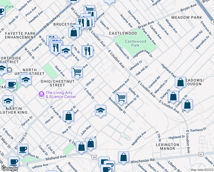 map of restaurants, bars, coffee shops, grocery stores, and more near 418 East 7th Street in Lexington