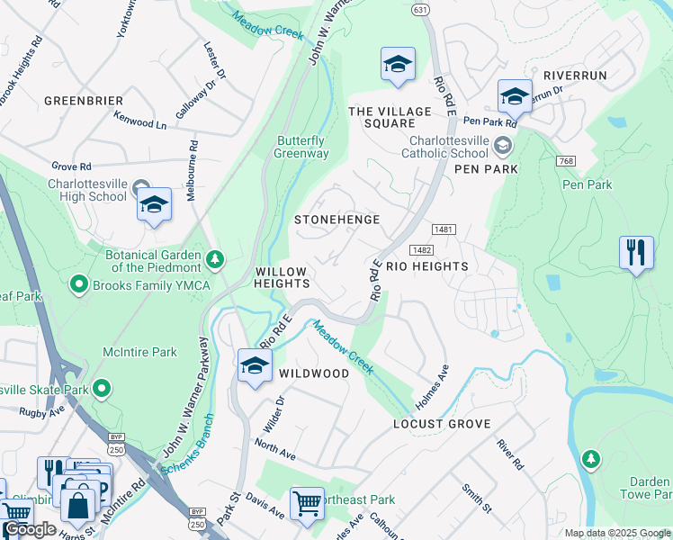 map of restaurants, bars, coffee shops, grocery stores, and more near 583 Southampton Court in Charlottesville