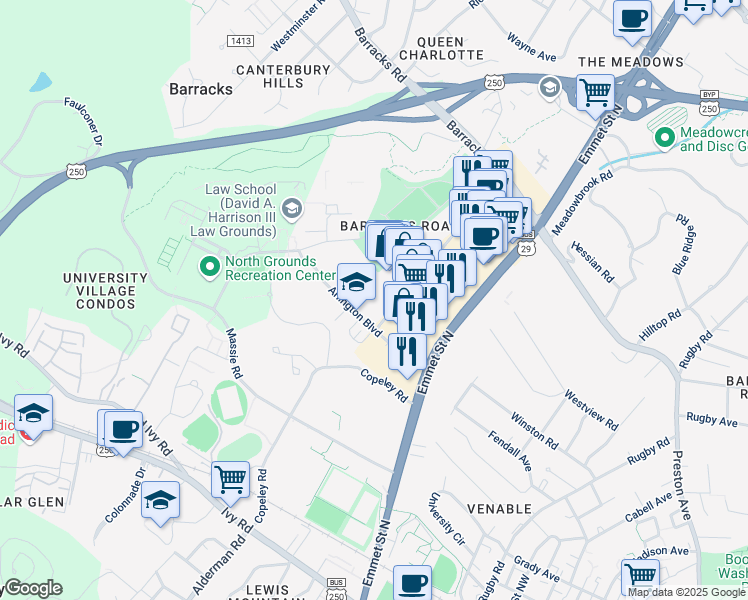 map of restaurants, bars, coffee shops, grocery stores, and more near 1023 Millmont Street in Charlottesville