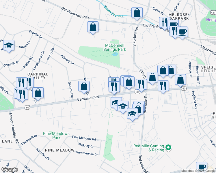map of restaurants, bars, coffee shops, grocery stores, and more near 1513 Versailles Road in Lexington