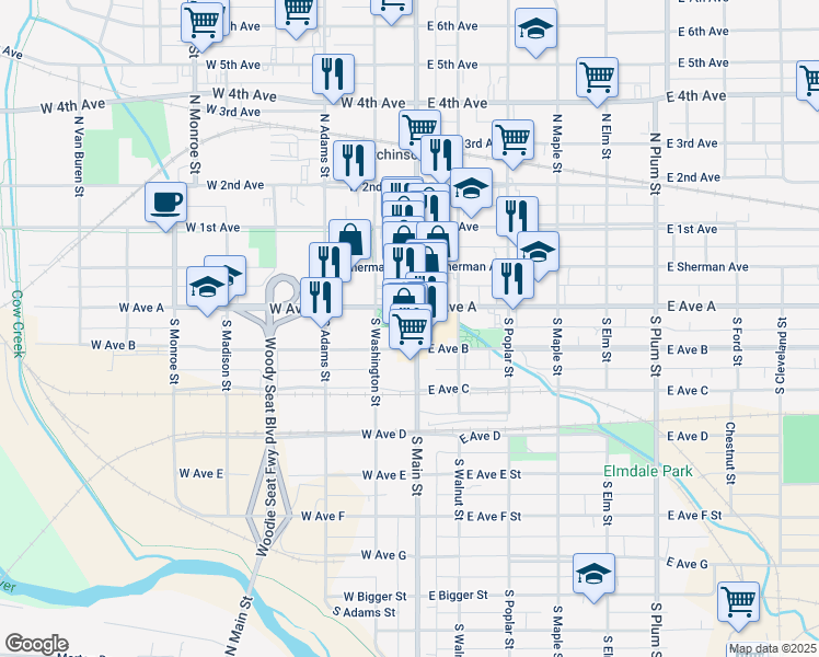 map of restaurants, bars, coffee shops, grocery stores, and more near 115 South Main Street in Hutchinson