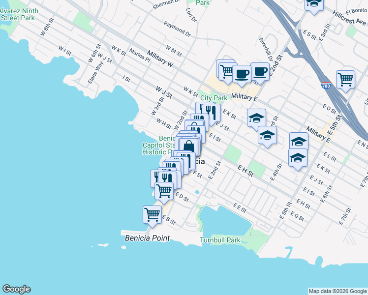 map of restaurants, bars, coffee shops, grocery stores, and more near 135 West G Street in Benicia
