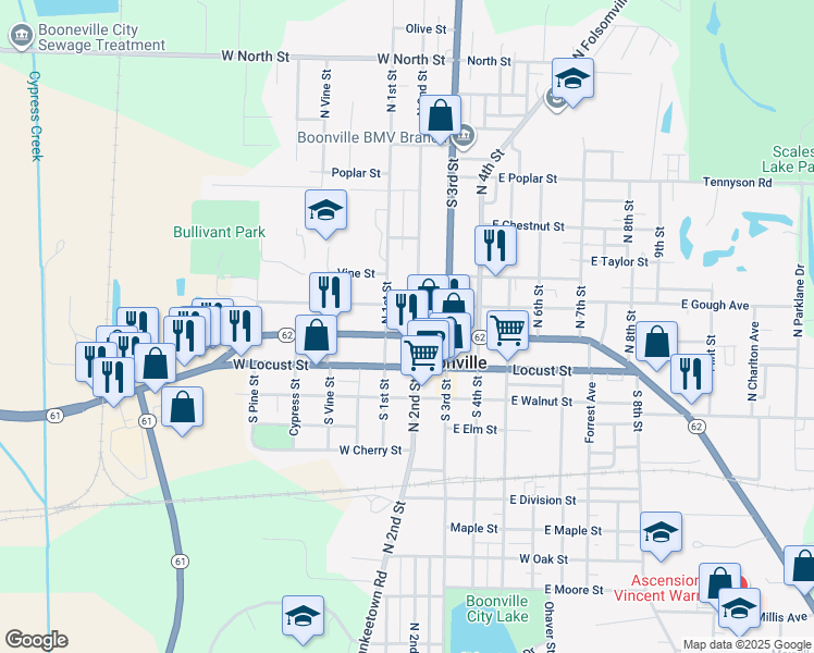 map of restaurants, bars, coffee shops, grocery stores, and more near 207 West Main Street in Boonville