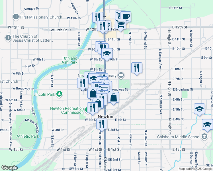 map of restaurants, bars, coffee shops, grocery stores, and more near 715 North Main Street in Newton