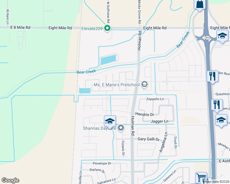 map of restaurants, bars, coffee shops, grocery stores, and more near 10505 Holman Road in Stockton