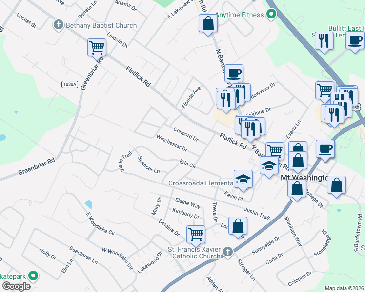 map of restaurants, bars, coffee shops, grocery stores, and more near 192 Winchester Drive in Mount Washington