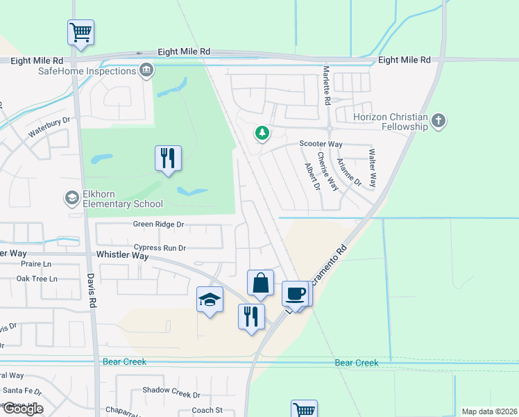 map of restaurants, bars, coffee shops, grocery stores, and more near 10540 Rudder Way in Stockton
