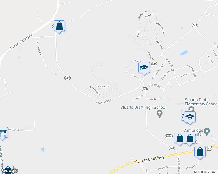 map of restaurants, bars, coffee shops, grocery stores, and more near 8 Chateau Lane in Stuarts Draft