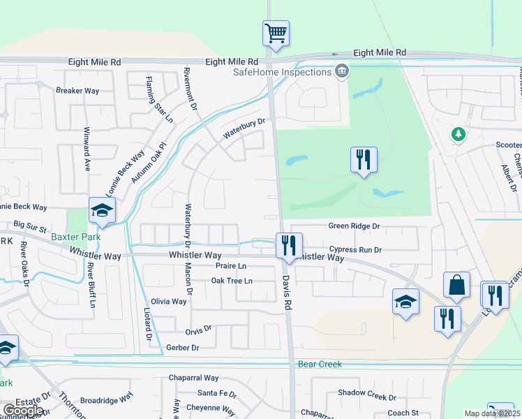map of restaurants, bars, coffee shops, grocery stores, and more near 10505 Davis Road in Stockton
