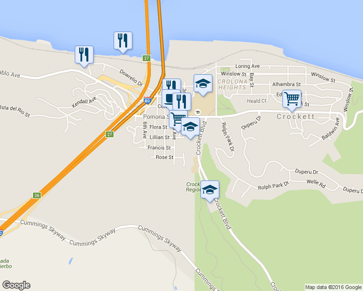 map of restaurants, bars, coffee shops, grocery stores, and more near 1210 Francis Street in Crockett