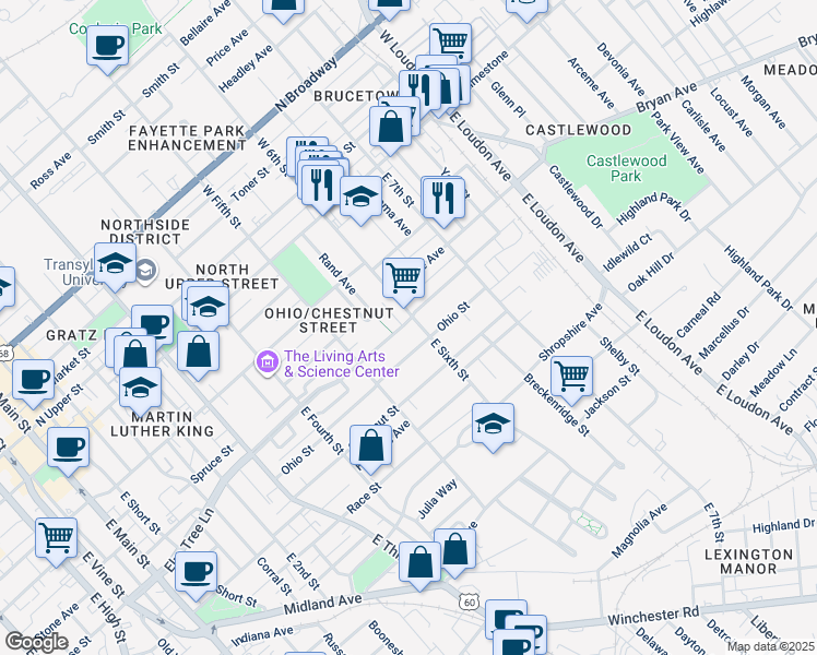map of restaurants, bars, coffee shops, grocery stores, and more near 554 Elm Tree Lane in Lexington