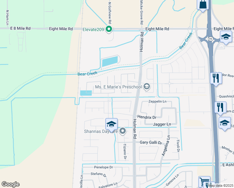 map of restaurants, bars, coffee shops, grocery stores, and more near 10505 Holman Road in Stockton