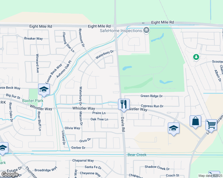 map of restaurants, bars, coffee shops, grocery stores, and more near 10505 Davis Road in Stockton