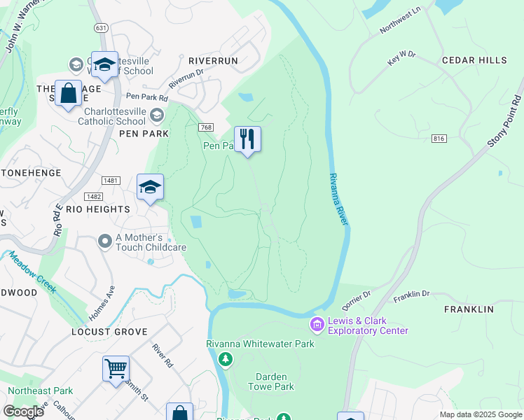 map of restaurants, bars, coffee shops, grocery stores, and more near 1498 State Route 768 in Charlottesville