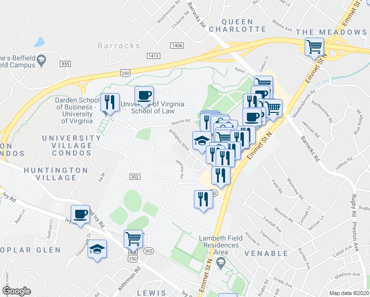 map of restaurants, bars, coffee shops, grocery stores, and more near 2434 Arlington Boulevard in Charlottesville