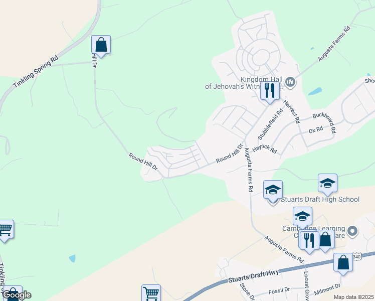 map of restaurants, bars, coffee shops, grocery stores, and more near 8 Chateau Lane in Stuarts Draft
