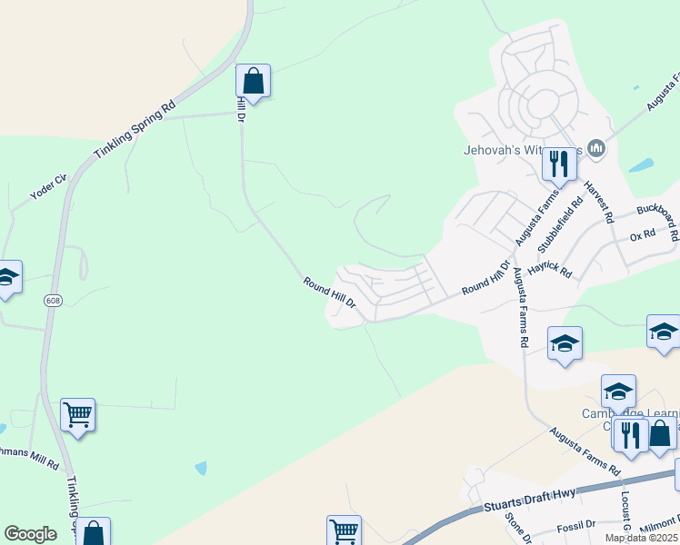 map of restaurants, bars, coffee shops, grocery stores, and more near 102 Provence Drive in Stuarts Draft