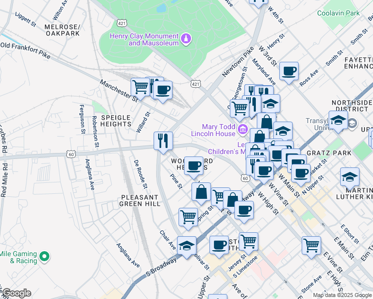 map of restaurants, bars, coffee shops, grocery stores, and more near 816 West High Street in Lexington