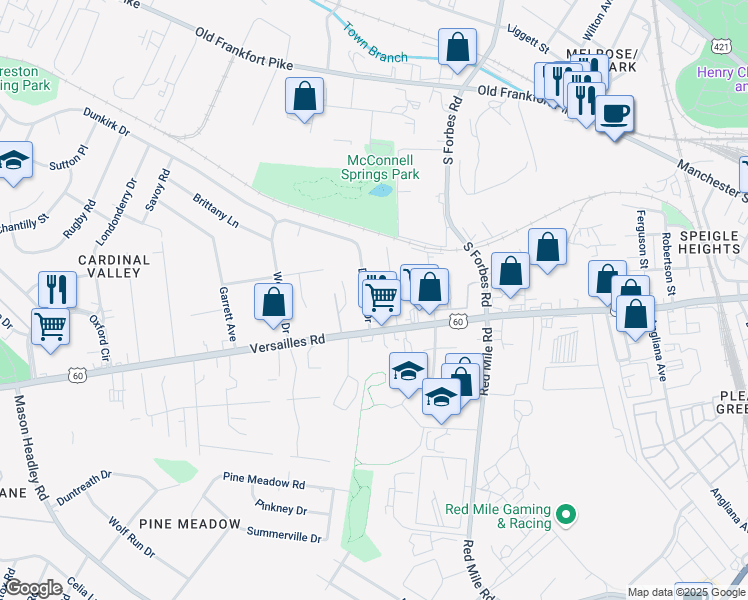 map of restaurants, bars, coffee shops, grocery stores, and more near 108 Delmont Drive in Lexington