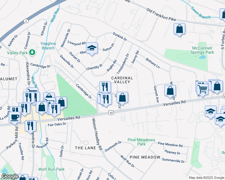 map of restaurants, bars, coffee shops, grocery stores, and more near 123 Londonderry Drive in Lexington