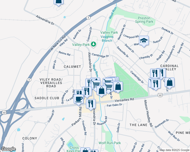 map of restaurants, bars, coffee shops, grocery stores, and more near 1298 Alexandria Drive in Lexington