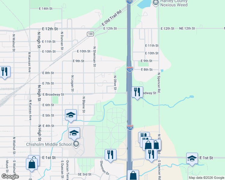 map of restaurants, bars, coffee shops, grocery stores, and more near 700-718 North Olive Street in Newton
