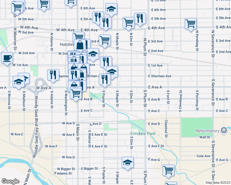 map of restaurants, bars, coffee shops, grocery stores, and more near 112 South Maple Street in Hutchinson