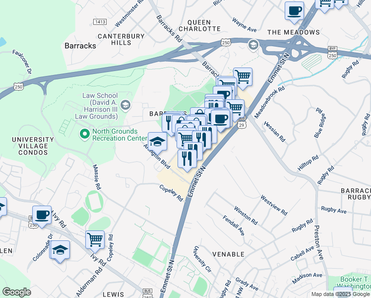 map of restaurants, bars, coffee shops, grocery stores, and more near 975 Emmet Street North in Charlottesville