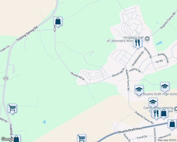map of restaurants, bars, coffee shops, grocery stores, and more near 48 Chateau Lane in Stuarts Draft